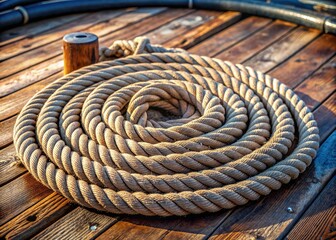 Obraz premium Weathered rope coiled neatly on a worn, sun-bleached boat deck, with frayed ends and rusty fittings, evoking a sense of adventure and nautical heritage.