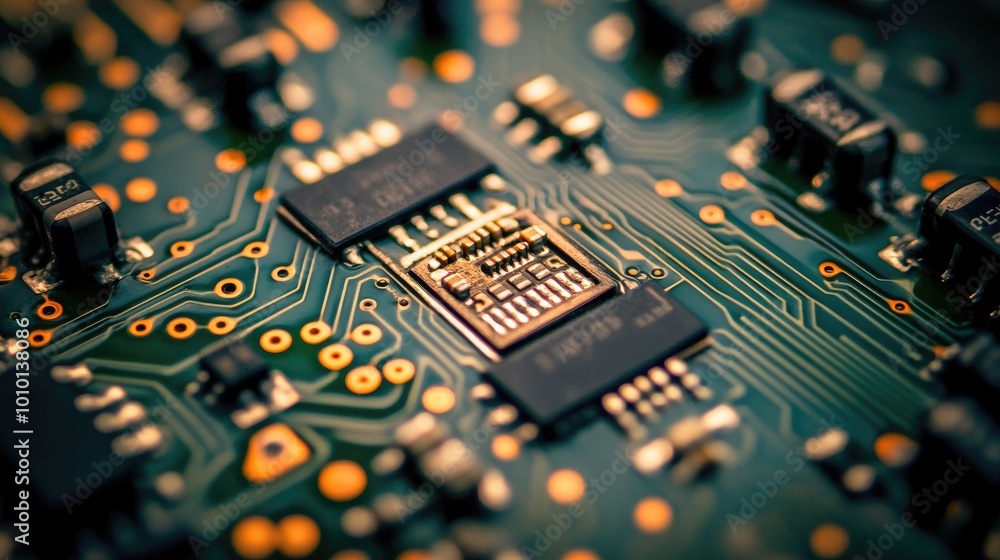 Poster close-up view of an electronic circuit board with components and traces