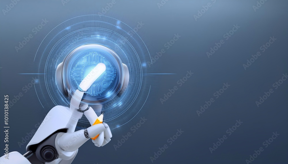 Poster a robotic hand interacts with a digital globe, symbolizing advanced technology and artificial intell