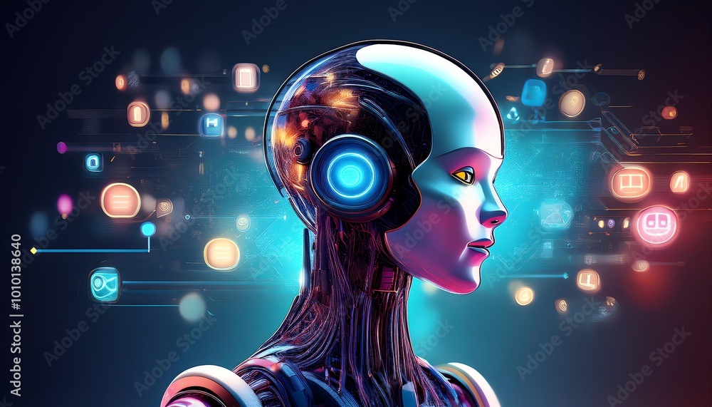 Poster a futuristic robotic head with a glowing interface, highlighting advanced technology and ai concepts