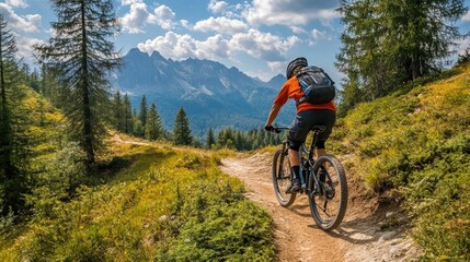 Naklejka premium Mountain Biker on Scenic Trail in Nature
