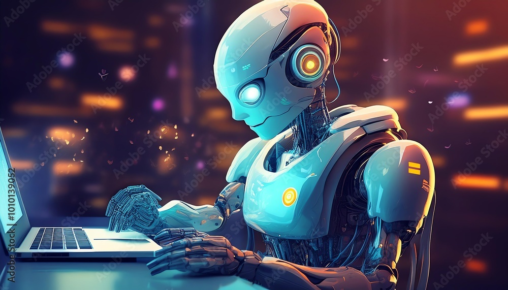 Poster a futuristic robot interacts with a laptop, showcasing advanced technology and artificial intelligen