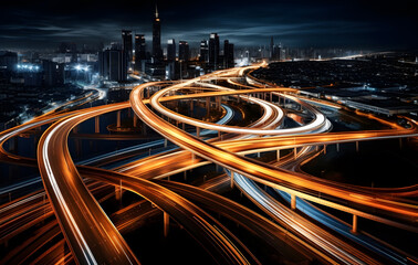 Fototapeta premium Nighttime city traffic with bright lights of cars driving by.