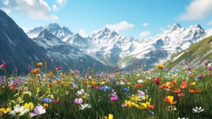 Fototapeta premium Vibrant Wildflowers in Serene Mountain Landscape