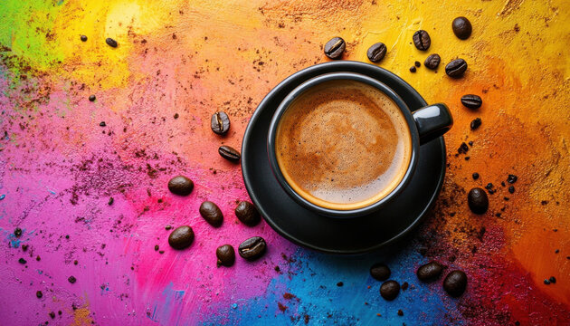 Vibrant coffee: A black cup of espresso on a multicolored abstract background, surrounded by coffee beans, creating a lively and artistic scene. - Powered by Adobe