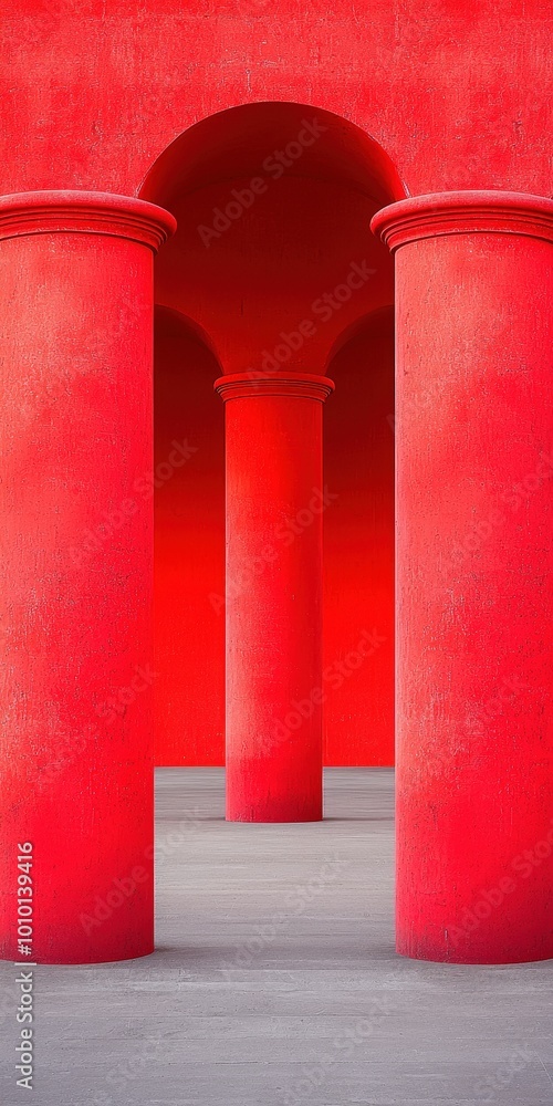 Poster red pillars and arched ceiling in modern architecture