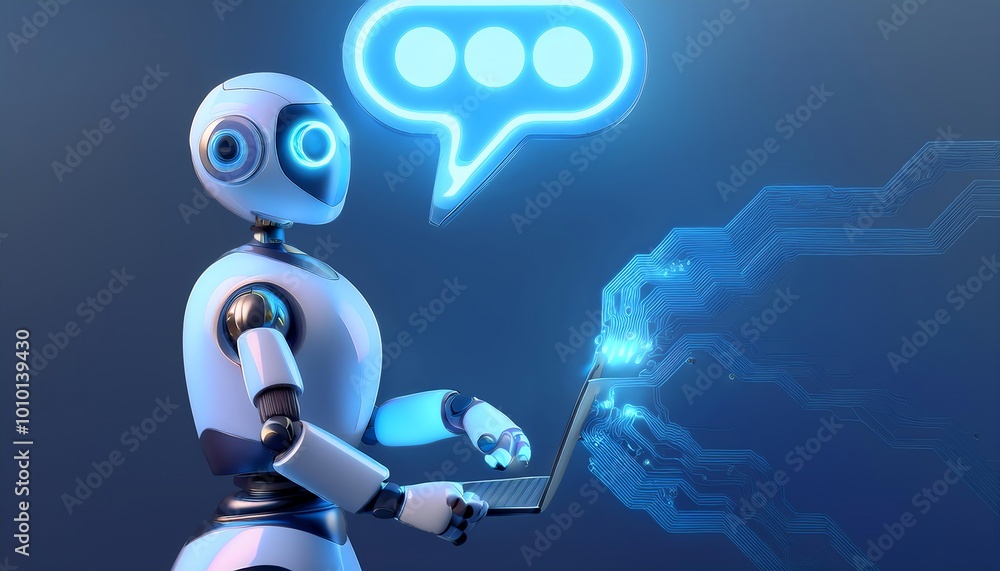 Poster a futuristic robot interacts with a laptop, showcasing ai communication through glowing speech bubbl