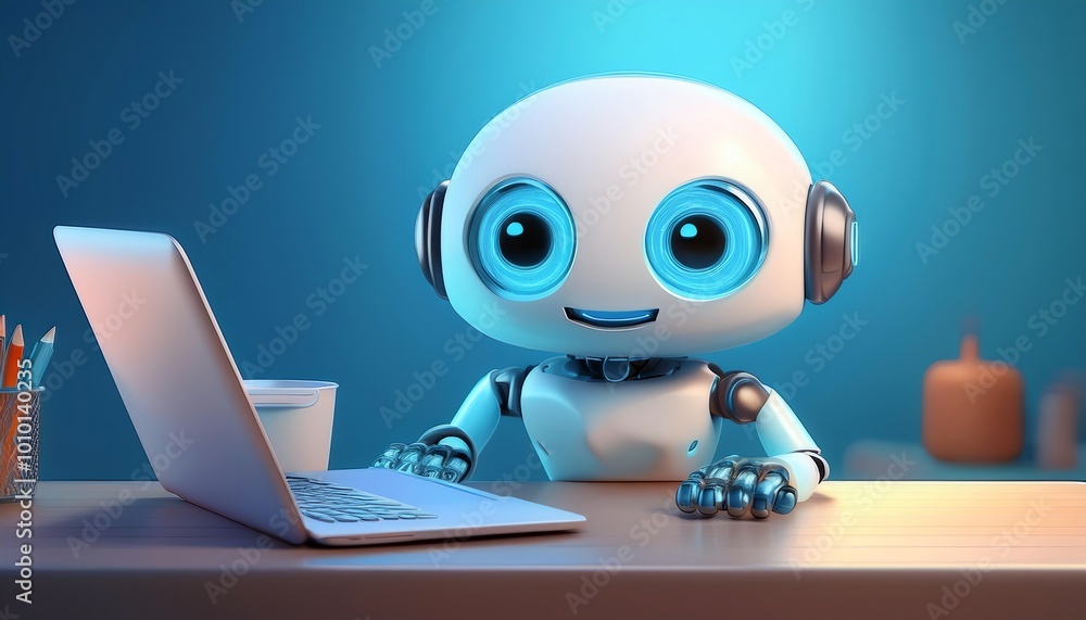 Poster a friendly robot with blue eyes sits at a desk, engaging with a laptop, creating a whimsical atmosph