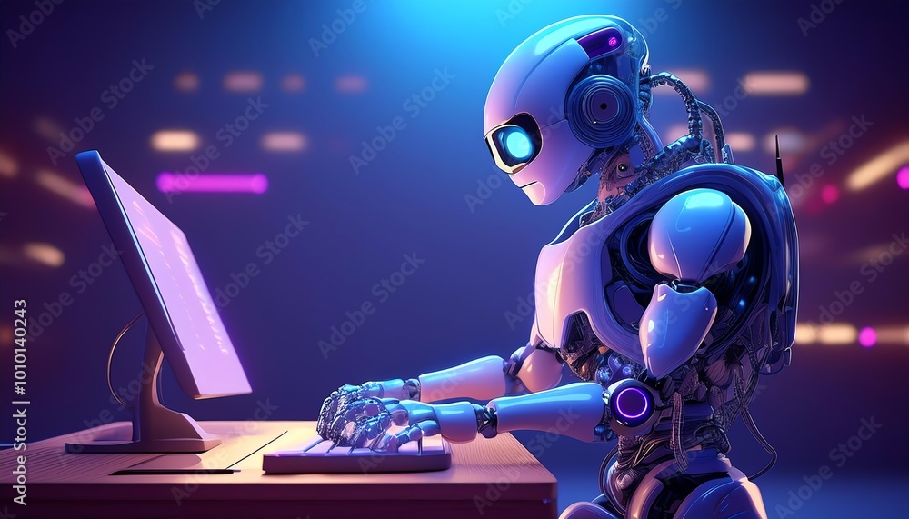 Aufkleber a futuristic robot using a computer, set against a vibrant, illuminated backdrop, symbolizing techno