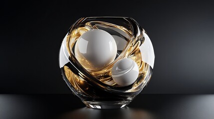 Merry Christmas and Happy New Year background. Realistic 3D design. Abstract Christmas glass transparent decorative white balls with swirling gold patterns. New Year's holiday objects.