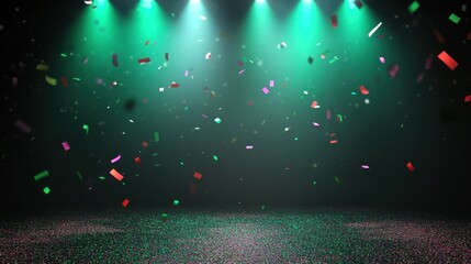 A vibrant scene with confetti falling under green stage lights, suggesting a celebration.