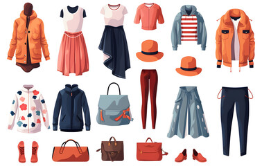 A stylish collection of clothing items including shirts, jackets, dresses, and pants in a vector illustration showcasing both men's and women's fashion silhouettes