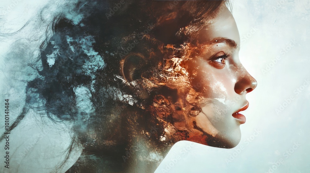 Poster ethereal portrait with abstract elements and colors