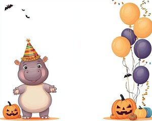 Fototapeta premium A playful cartoon hippo wearing a party hat, surrounded by Halloween decorations like pumpkins and balloons, perfect for festive designs.