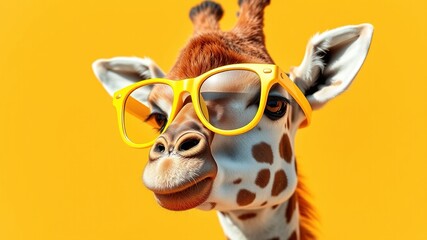 A fluffy giraffe sports trendy bright yellow glasses against a sunny yellow background, leaving ample negative space around it to overlay text and concepts.
