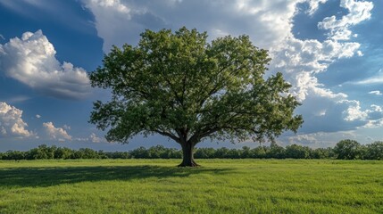 A lone oak tree stands tall in a field of green grass under a blue sky with fluffy white clouds.
