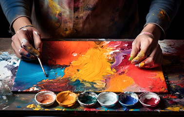 Obraz premium An artist is mixing colors for a painting, using a colorful palette.