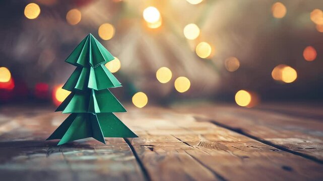 Crafted green origami Christmas tree with warm bokeh lights on a rustic wooden tabletop, symbolizing homemade holiday spirit.