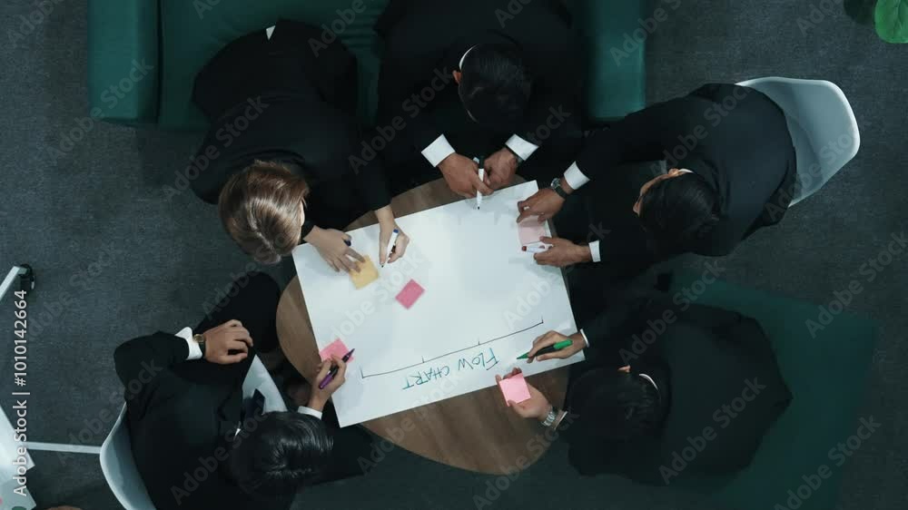 Aufkleber top down view of business people hands making scrum task board to manage workflow in workplace. dive