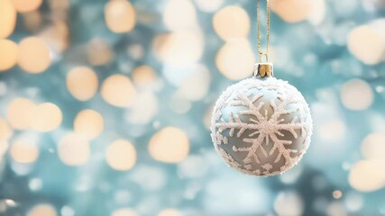 Snowflakes gently fall as a beautifully crafted bauble hangs, creating a magical winter holiday ambiance with sparkling lights