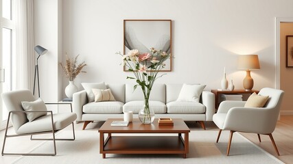 A minimalist Scandinavian-inspired living room features a sleek sofa, coffee table, and accent chair arranged around a vase with fresh flowers, 