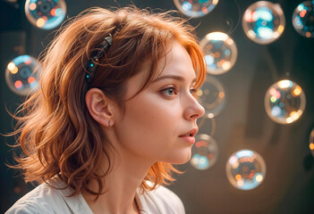 Beautiful red-haired girl playing with soap bubbles_02