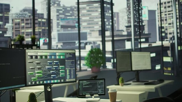 Empty IT department office used for building AI neural networks software technology. Panning shot of computer monitors in company workspace with nobody in and devices left open on desks