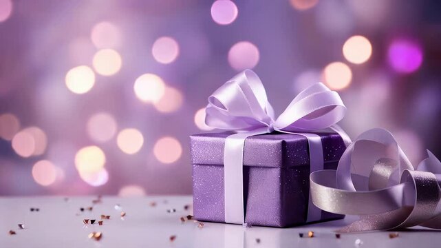 Silver gift present on a light purple background with colorful bokeh and stars glittering