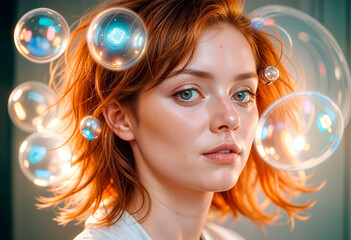 Naklejka premium Beautiful red-haired girl playing with soap bubbles_01