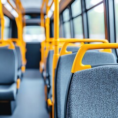 Fototapeta premium Modern City Bus Interior with Yellow Handrails and Blue Seats