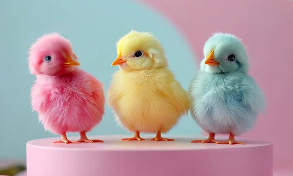 Colorful chick hatchlings gather in a charming display against a pastel backdrop