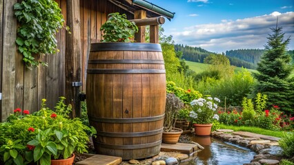 Naklejka premium A wooden rain barrel collects rooftop runoff for efficient garden irrigation, surrounded by rustic upright wooden posts, exemplifying eco-friendly water conservation in a serene outdoor setting.