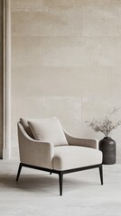 Modern Minimalist Living Room Armchair with Neutral Wall and Black Legs