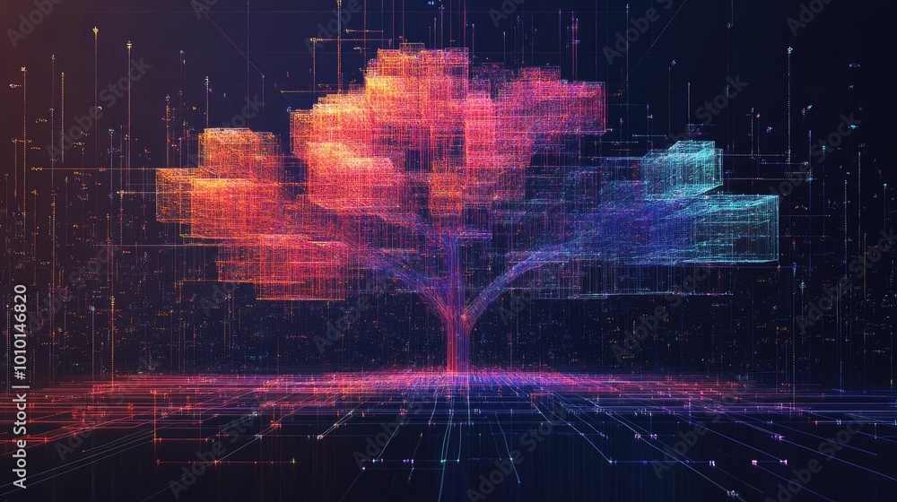 Poster abstract digital tree with vibrant colors and patterns
