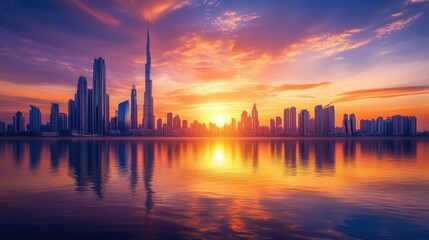 Majestic Sunset Over Urban Skyline Reflections