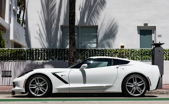 Miami Beach, Florida USA - June 9, 2024: Chevy Corvette Stingray c7 at ocean drive miami beach. white color Chevy Corvette