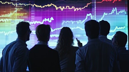 Obraz premium Silhouettes of Business Professionals Analyzing a Stock Market Chart on a Large Screen
