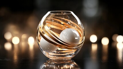 Obraz premium Merry Christmas and Happy New Year background. Realistic 3D design. Abstract Christmas glass transparent decorative white balls with swirling gold patterns. New Year's holiday objects.
