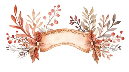 A watercolor boho Christmas ribbon illustration with light pastel hues and tribal designs, offering a soft and artistic feel, isolated on white for a minimalist aesthetic 