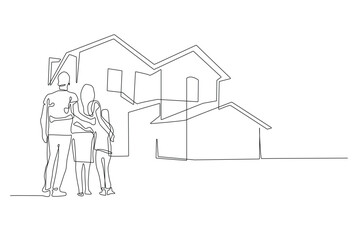 continuous line of the family's dream house. one line drawing of the family looking at the dream house. the family hugging looking at the dream house in the line drawing