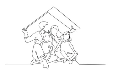 continuous line of family insurance.single line vector of family holding artificial roof.family insurance concept one line drawing