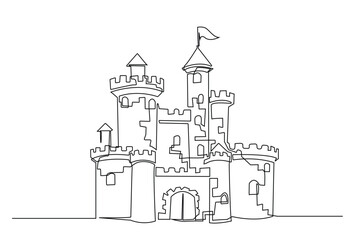 Fototapeta premium one continuous line drawing of castle.one line drawing of castle fantasy world story.single line vector illustration of castle icon.isolated white background