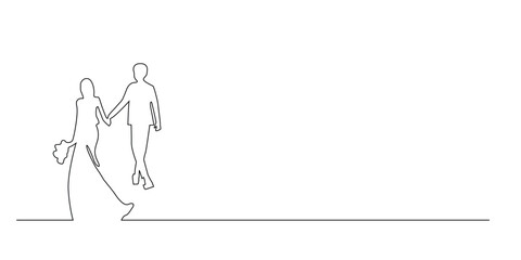 continuous line silhouette of the bride and groom.silhouette of the bride drawn in one simple line.minimalist line vector of the bride and groom walking