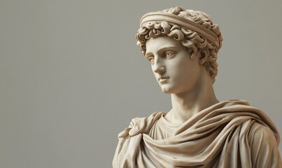 Close-up of a marble bust of a young man with a laurel wreath on his head, looking to the right.
