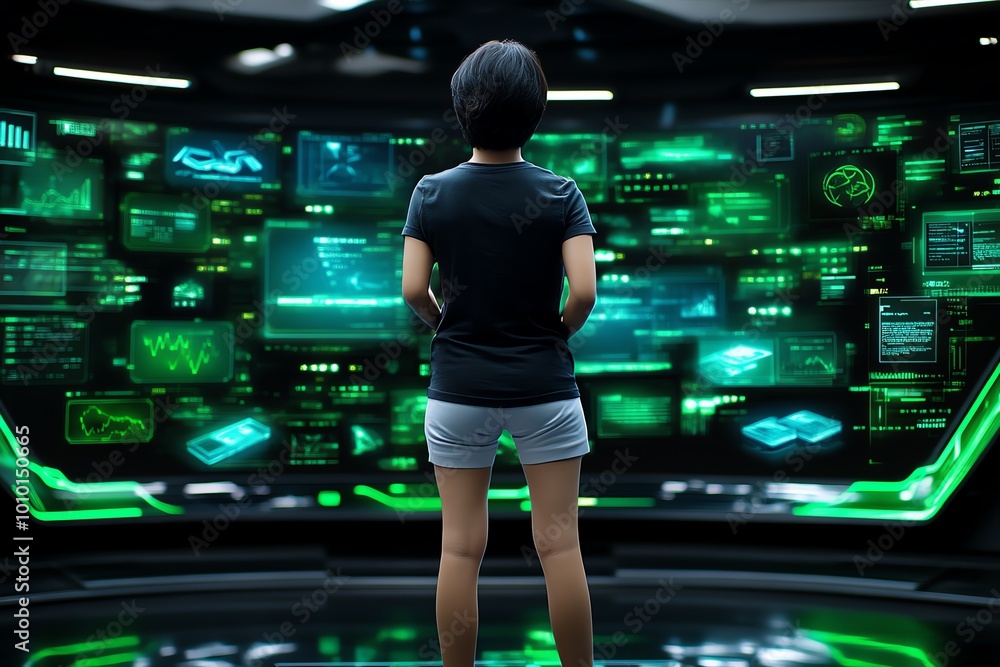 Poster A person standing in front of a digital wall filled with failed project reports, with futuristic screens and advanced technology displaying their past mistakes