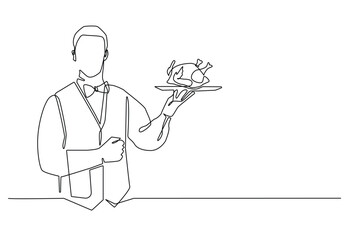 continuous line of waiters carrying fried chicken.single line of restaurant waiters carrying trays of grilled chicken.male waiter carrying whole chicken drawn in one line