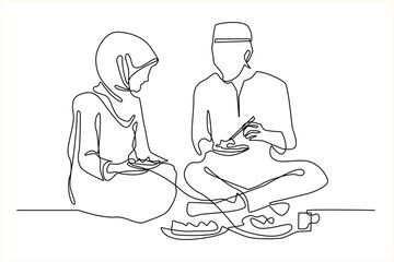 continuous line breaking the fast.single line drawing of a muslim couple breaking the fast together.people breaking the fast drawn in one line vector