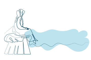 Obraz premium vector line art of Muslim woman sitting on the beach pier. Muslim woman enjoying the beauty of the beach line drawing. Line art of Muslim woman on the beach