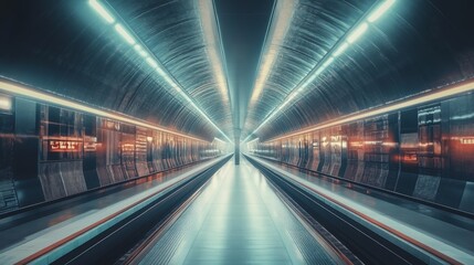 Futuristic tunnel with neon lights and moving walkways.