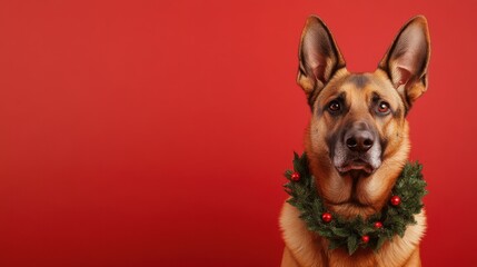 Obraz premium German Shepherd Dog Wearing a Festive Christmas Wreath in a Studio Setting